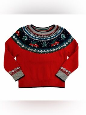 Mini Boden Christmas Truck Sweater Fair Isle Knit RED Size 3-4
